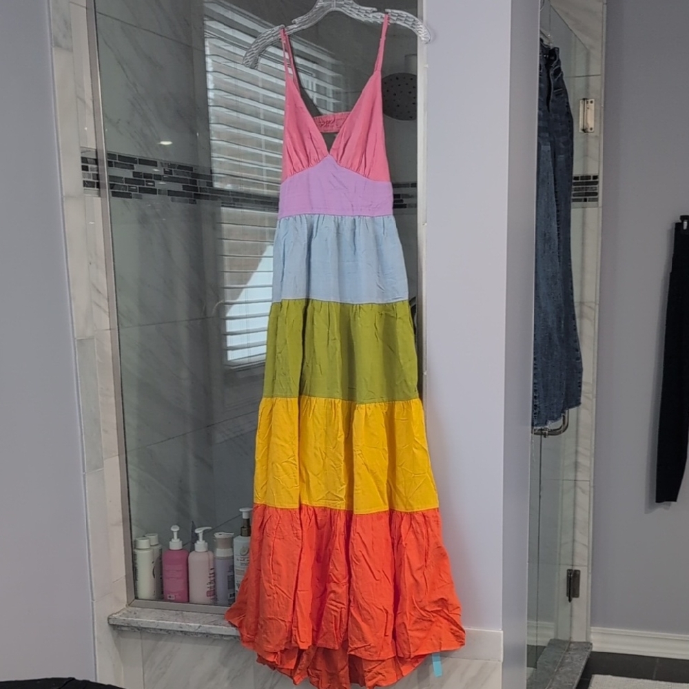 Colorblock Tiered Maxi Dress with Spaghetti Straps - Pink Multi